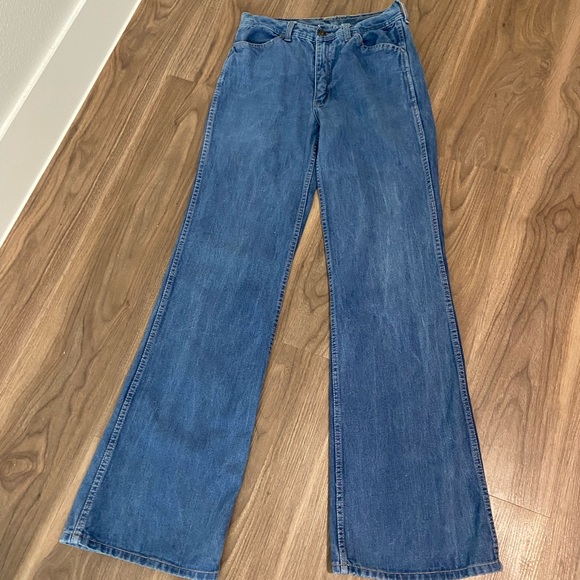 Vintage 70s Y2K Blue Denim Big Bell Bottom Jeans 31x 33 Flare - Picture 3 of 4